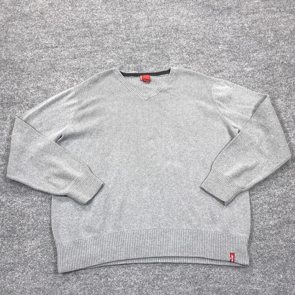 Levi's Sweater Mens Large Gray V-Neck‎ Cotton Pullover Tight-Knit Logo Casual